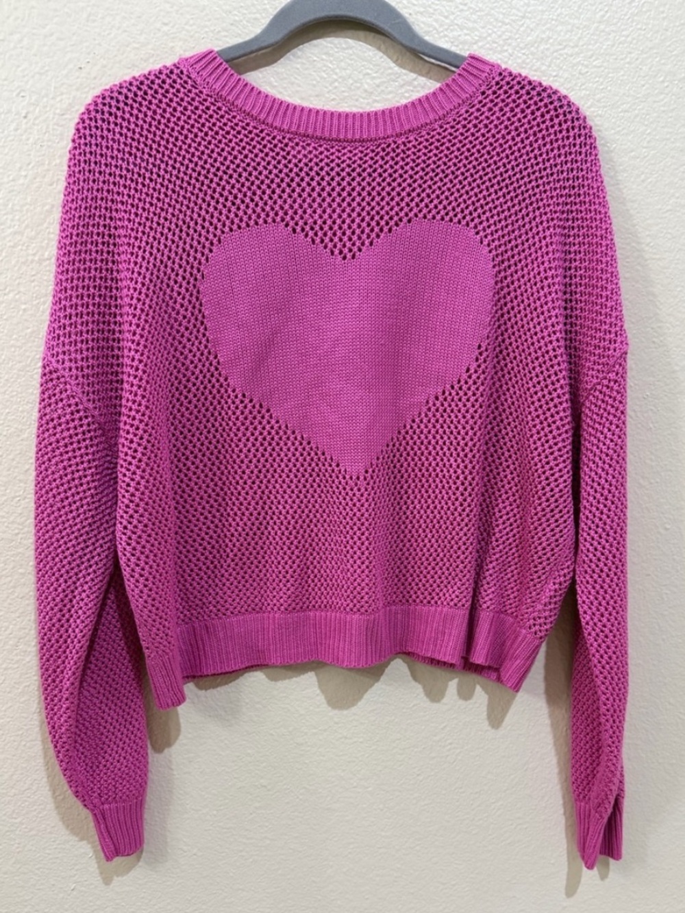 NWOT mesh look Crochet Pink Heart Knit layering Sweater